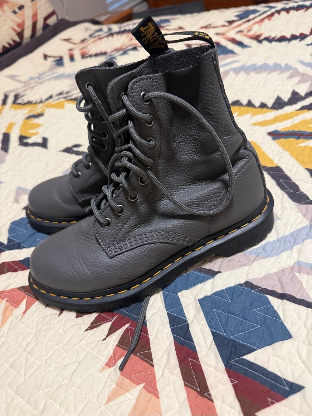 Dr. Martens Gray Leather Lace-Up Combat Boots with Yellow Stitching